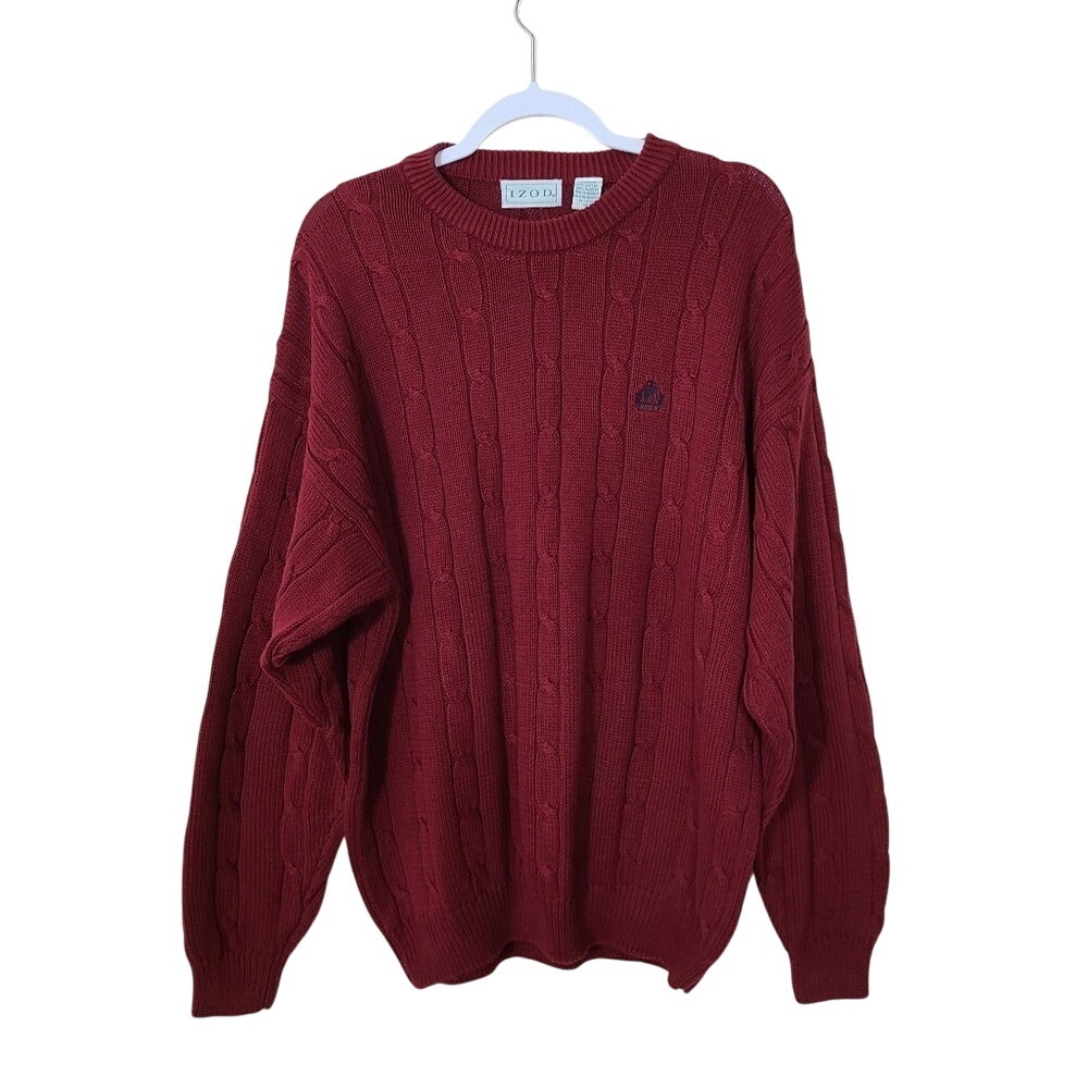 Red Chunky Cable‎ Knit Drop Shoulder Sweater L Preppy Oversized Cozy Professor